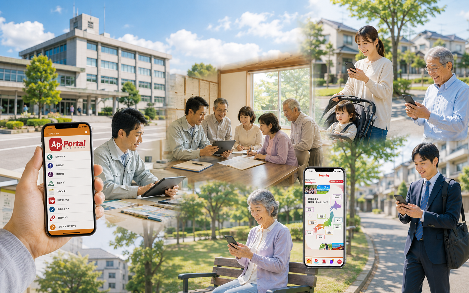 Ap-Portalとtownly連絡網が連携して地域情報を共有するイメージ