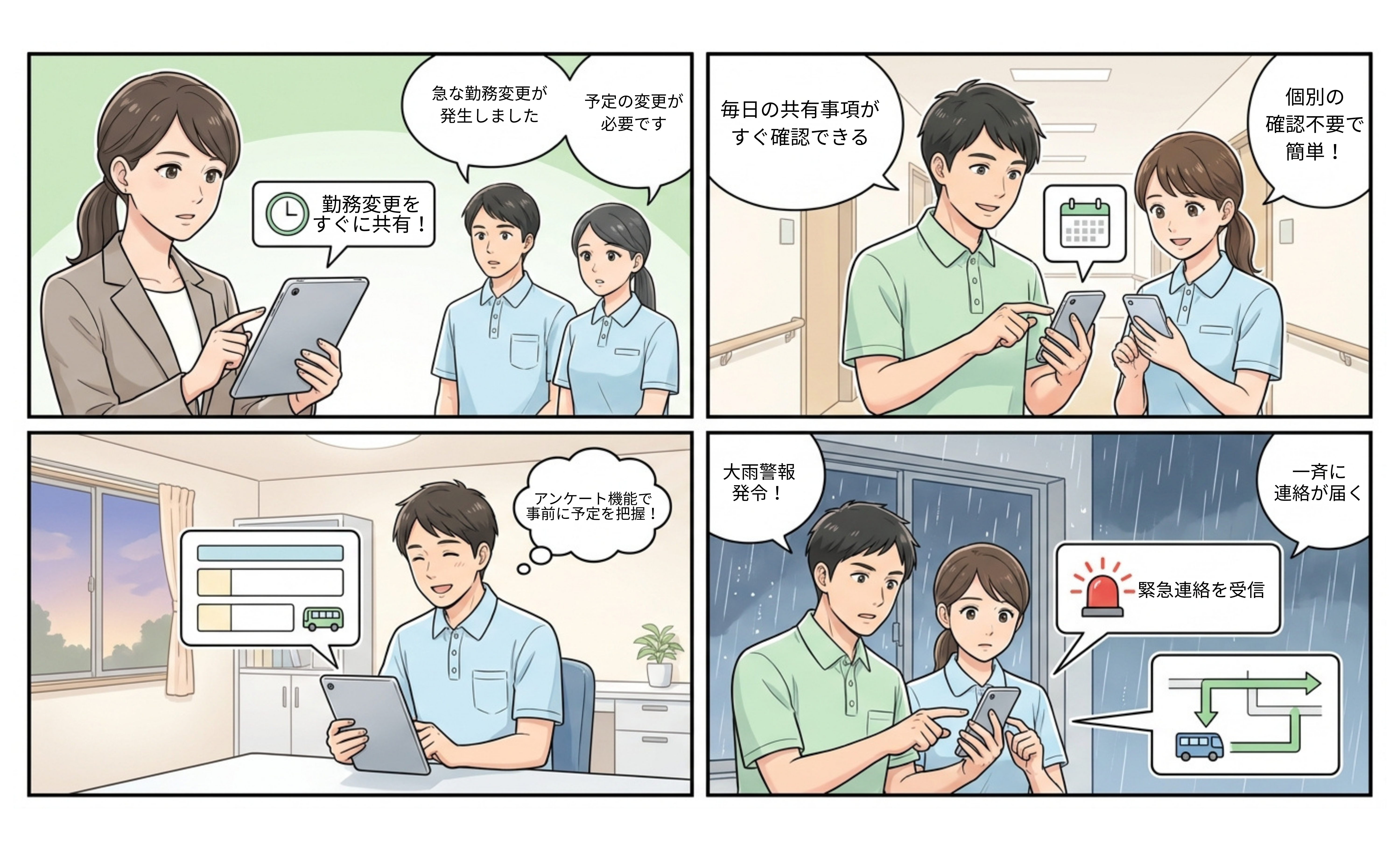 福祉施設での連絡網活用シーンを漫画で説明するイメージ